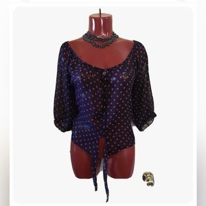 Color of Love Women Large L Crop Top Blue Polka Dot Tie Front Semi Sheer Chiffon